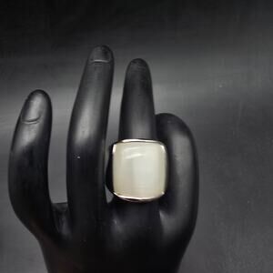 Silver Tone Square White Moon Glow Ring Size 7.5